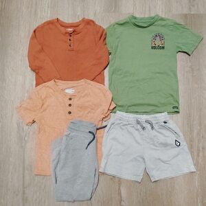 Volcom Green Logo Tee + Orange & Peach Henleys with Gray Shorts Set
